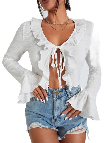

flounce sleeve tie front blouse 16bk#, White