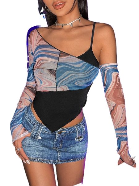 

marble print asymmetrical neck bandana hem crop mesh u8yp#, White