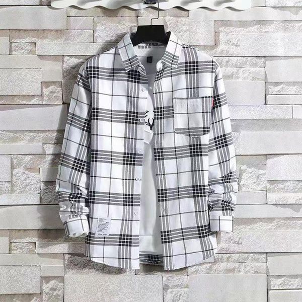 

men's casual shirts long sleeve pocket white yellow plaid men 2022 summer oversized button up shirt men's plus size 3xl 4xl loose, White;black