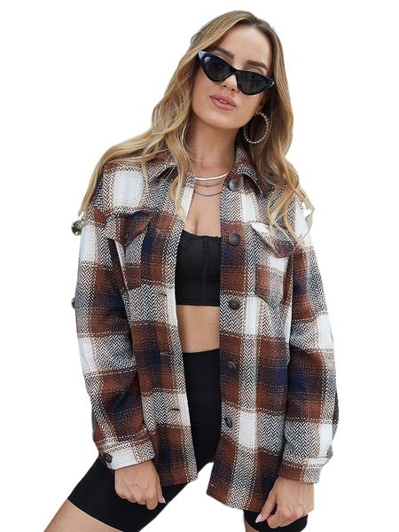 

ziai plaid print flap pocket button front coat q8cy#, Black