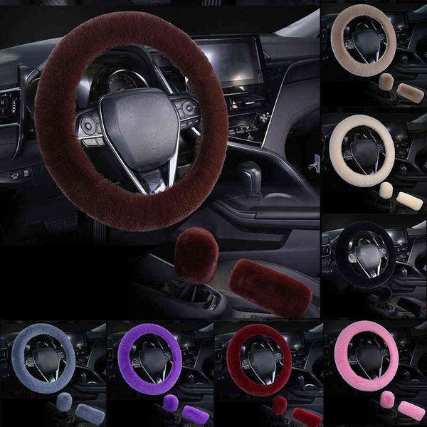 

1pc universal steering-wheel plush car steering wheel covers winter faux fur hand brake&gear cover 3 pcs/ set for toyota for peugeot y220422