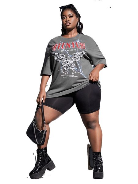 

sxy plus eagle & slogan graphic drop shoulder tee b5ge#, Black