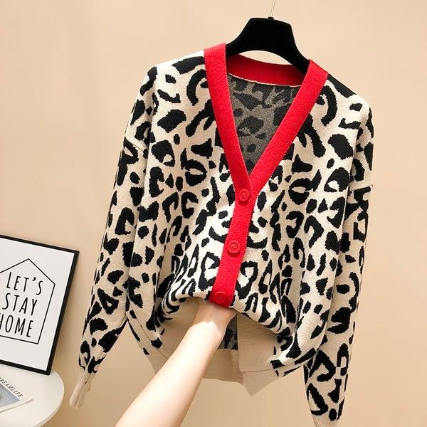

leopard sweater female cardigan short 2020 new autumn and winter lazy wind korean loose net red retro knitted jacket, White;black