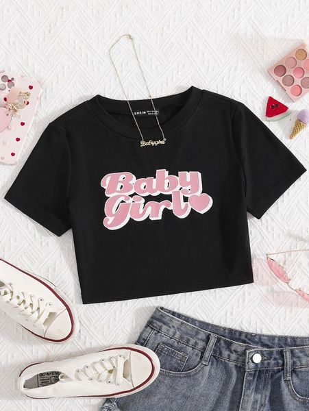 

letter and heart print rib-knit tee m7g4#, White