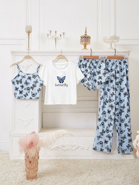 

4pcs butterfly and letter print pj set u4mz#, Black;red