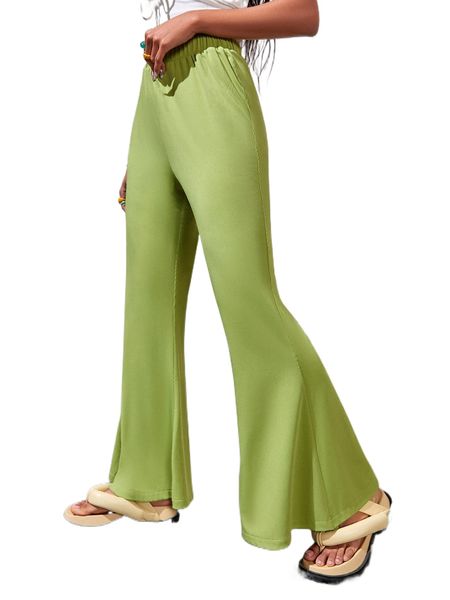 

solid elastic waist slant pocket flare leg pants e5bq#, Black;white