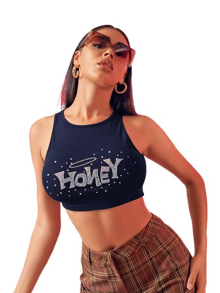 

sxy rhinestone honey crop tank 2420#, White