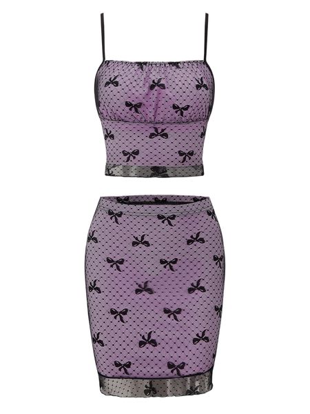 

bow print mesh cami & skirt l7e8#, White