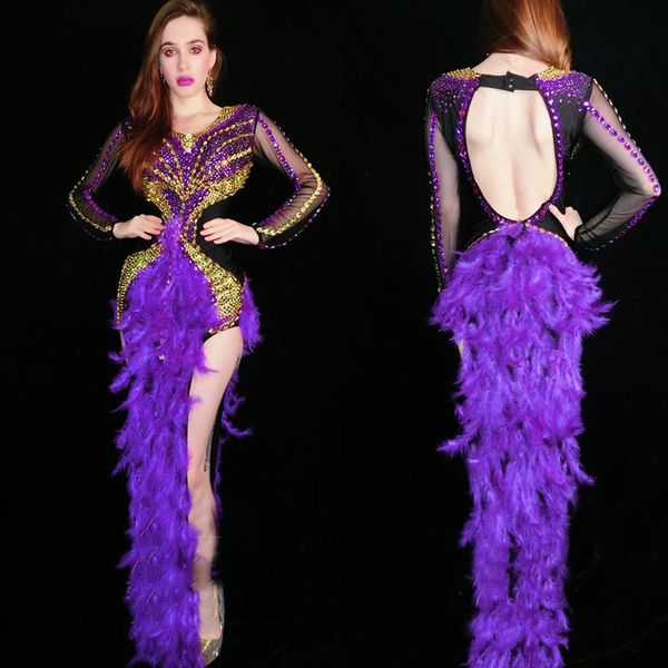 Stage Wear Abito lungo senza schienale con piume di strass oro viola Abito da sera trasparente con maniche trasparenti per donna Compleanno Festeggia il ballo di fine anno XS2225Stage