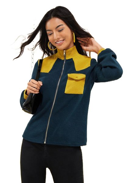 

x dorotheaa two tone zip up flap pocket jacket v8iw#, Black;brown