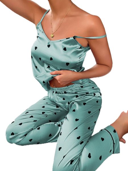

heart print satin cami & pants pj set p9vn#, Black;red
