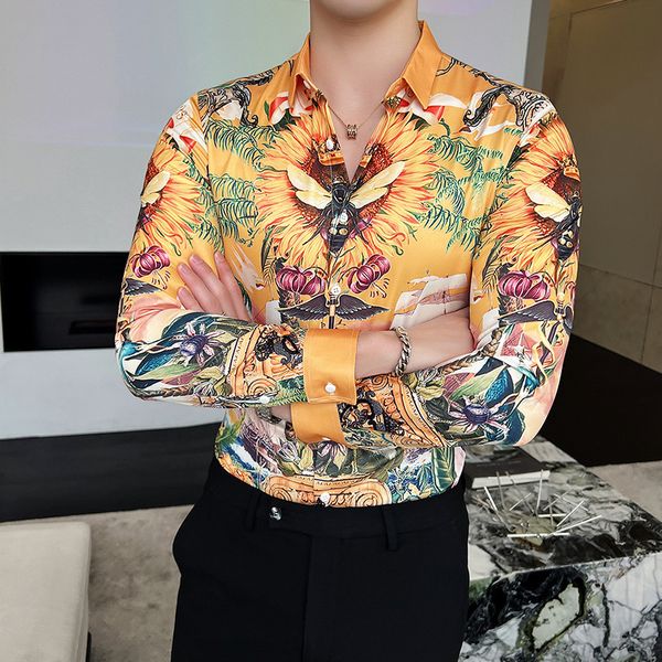 Camisa masculina de luxo Manga longa Camisetas barrocas de vestido masculino Rouca Festa de roupas Use Slim Casual Casual Camisa Bright Man Clothing M-4xl