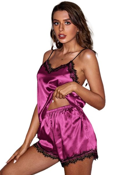 

lace trim satin cami & shorts pj set b2bg#, Black;red