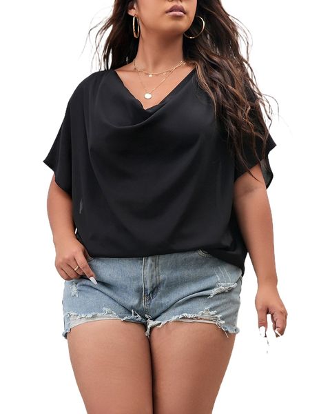 

plus draped collar batwing sleeve blouse w1n5#, Black