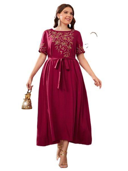 

plus floral embroidery belted dress 63y5#, Black