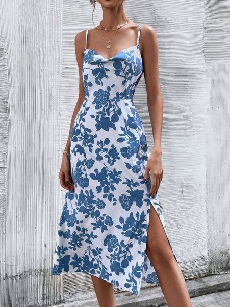 

draped floral print split thigh cami dress z0xj#, Black;gray