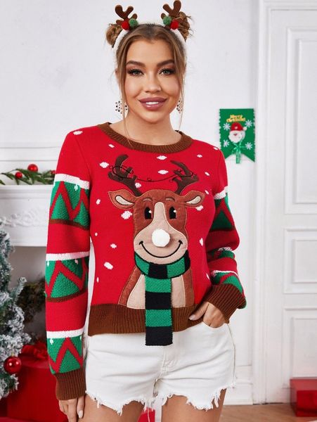 

christmas pompom detail elk embroidery chevron pattern sweater q2wo#, White;black