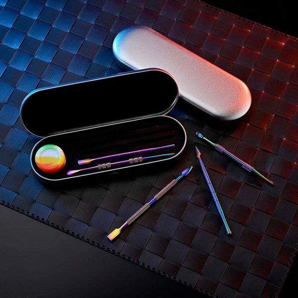 6-Pieces Dab Tool Kit Accessori per fumatori Strumento per unghie Dabber in acciaio inossidabile arcobaleno con barattolo contenitore in cera siliconica da 5 ml