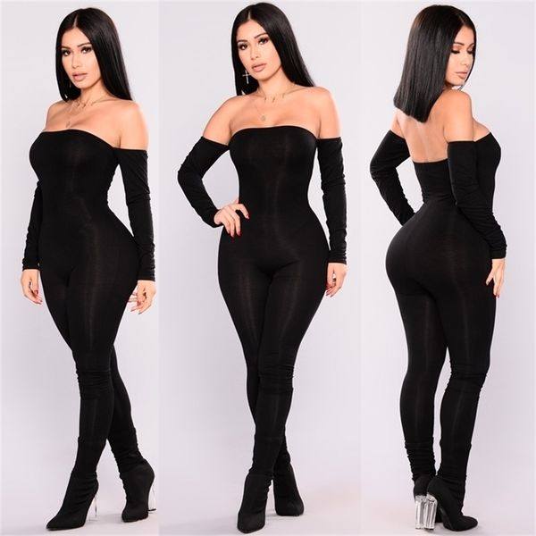 

jumpsuit women off shoulder bodycon long sleeve clubwear playsuit jumpsuits rompers skinny jumpsuits female black trousers 210326, Black;white