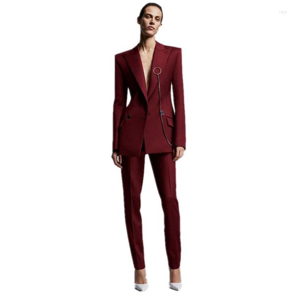 Pantaloni da donna a due pezzi Giacca rosso vino Abiti da lavoro da donna Disegni uniformi da ufficio Donne Eleganti pantaloni da donna formali 2 set Cu