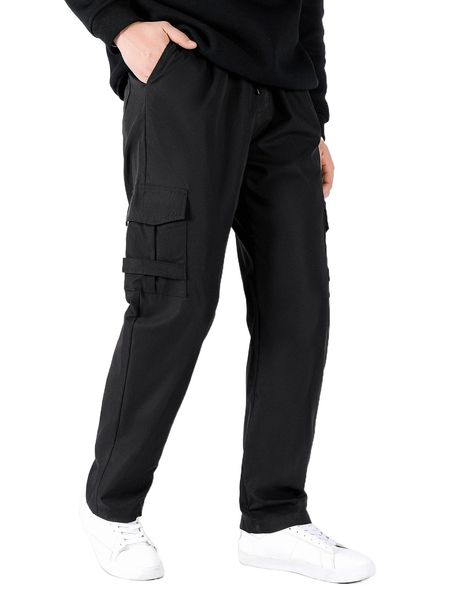 

men flap pocket side drawstring waist cargo pants m9yw#, Black