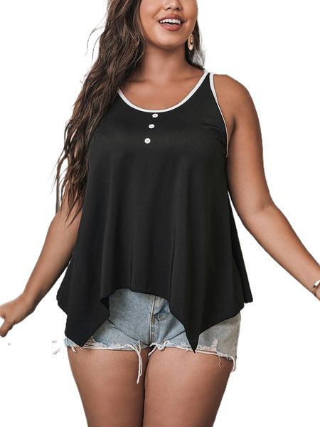 

plus fake button contrast binding asymmetrical hem tank c6ap#, Black