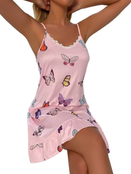 

butterfly print contrast lace ruffle hem cami night dress d3ub#, Black;red