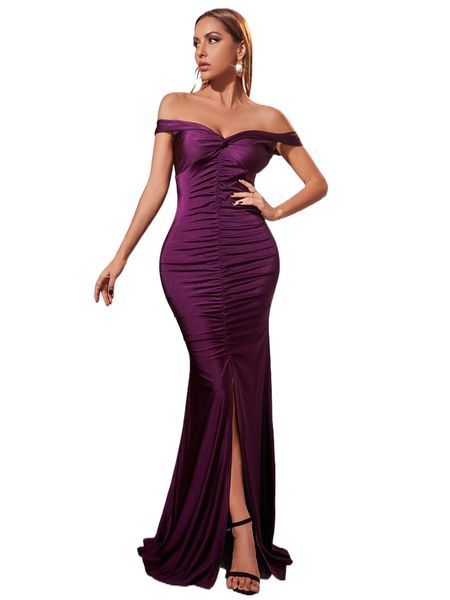 

ruched off shoulder split hem maxi dress t8cd#, Black;gray