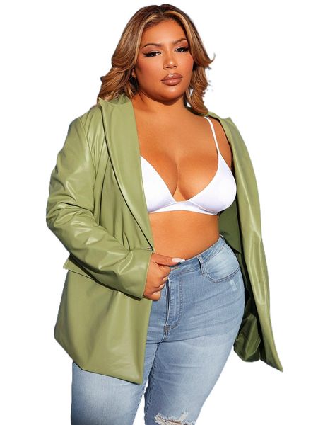 

sxy plus lapel neck pu leather blazer j3wn#, Black