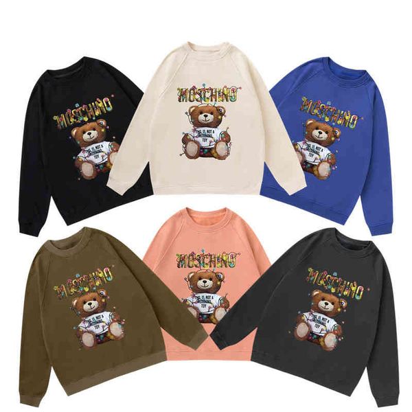 

men's hoodies & sweatshirts spring loose casual letter light bulb cartoon bear print round neck pullover long sleeve sweater for men an, Black