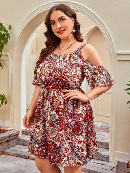 

plus floral cold shoulder dress y3sh#, Black