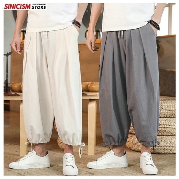 

sinicism store men solid chinese style summer casual pants mens linen loose trousers male oversize wide leg pants 5xl s 201128, Black