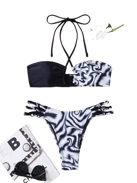

zebra stripe halter bikini swimsuit t6xz#, White;black