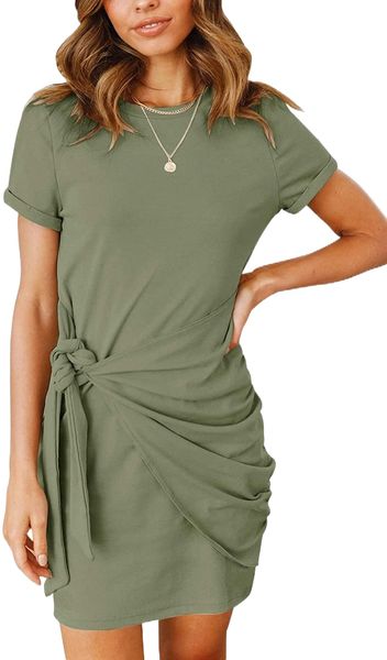 

women's short sleeve crew neck t shirt dress tie waist ruched bodycon mini dress g5yp#, Black;gray