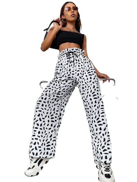 

allover print paperbag waist belted wide leg pants n12o#, Black;white