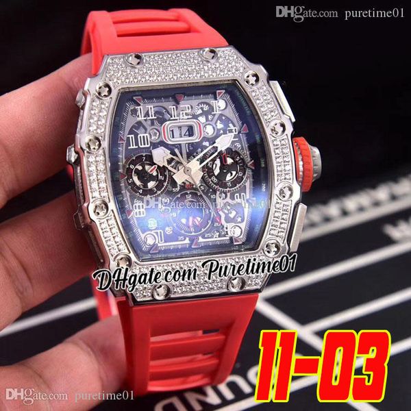 

2022 miyota automatic mens watch diamonds bezel big date skeleton dial red rubber strap super edition 6 styles puretime01 1103a1, Slivery;brown