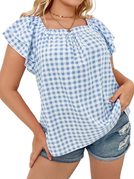 

plus gingham print butterfly sleeve blouse n2b7#, Black
