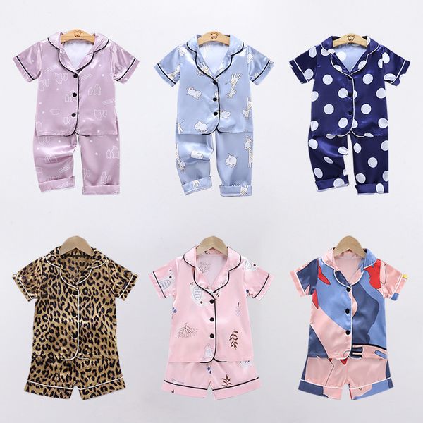 

children's pajamas set baby suit kids clothes toddler boys girls ice silk satin cartoon printing pants set home wear 0-6y 220706, Blue;red