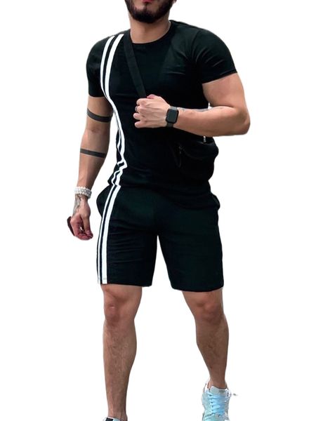 

men striped taped tee with shorts y60d#, Gray