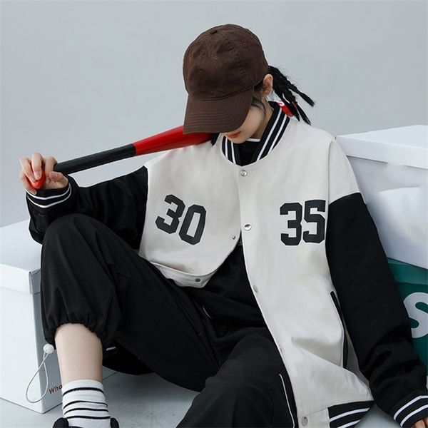 

streetwear number print baseball jackets women crew neck long sleeve loose coats student fashion all match baseball uniform 220817, Black;brown