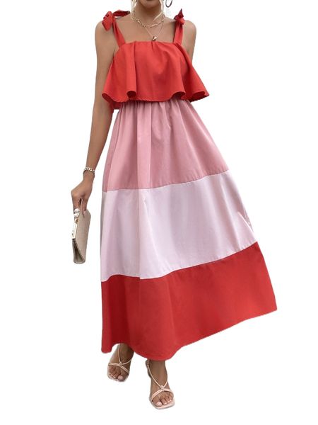 

colorblock tie shoulder ruffle trim dress b5ir#, Black;gray