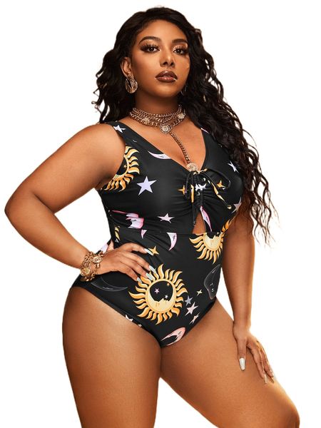 

plus graphic print drawstring cut out one piece swimsuit h8qj#, White;black