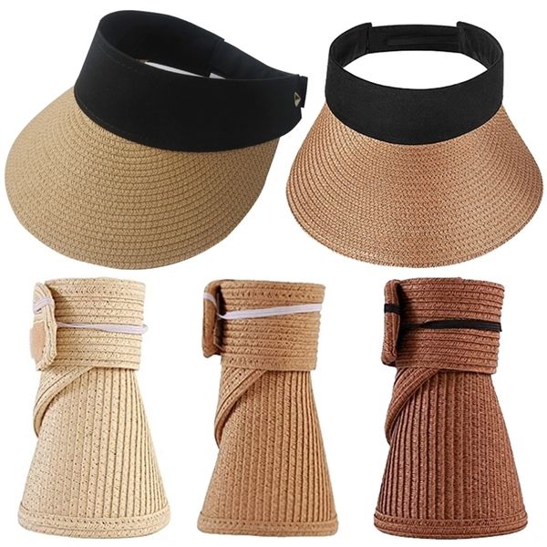 

summer empty suncap portable foldable magic rollup beach wide brim women sun hat casual straw cap visors 220627, Blue;gray