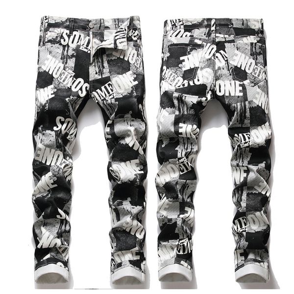 

skinny fit jeans for man printed letters stretch denim trousers, Blue