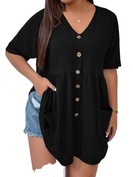 

plus button front dual pockets babydoll tee 21ow#, Black