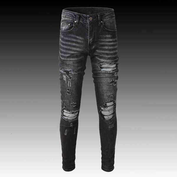 

men's jeans fashionable fashion brand print wrinkle patch hole elastic slim fit small feet versatile black jeans men 612p, Blue