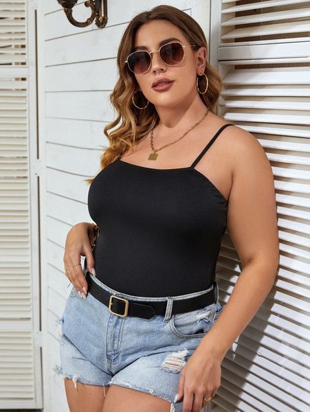 

plus solid cami bodysuit x1uh#, Black