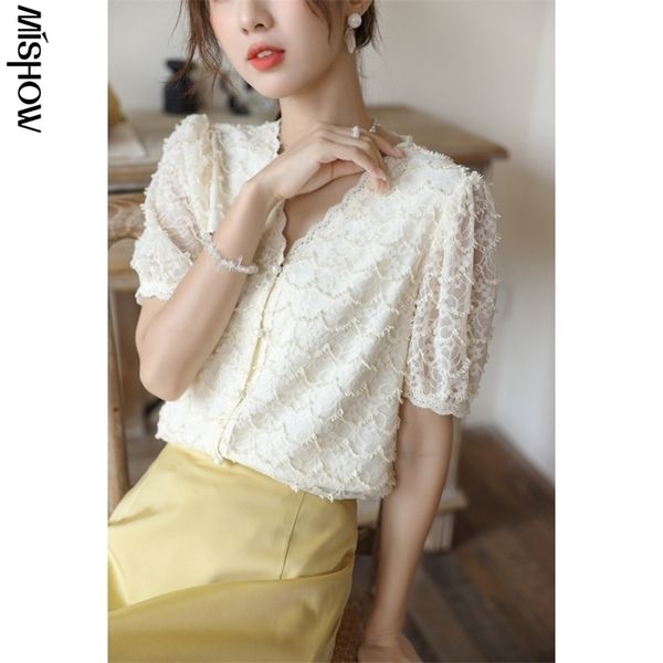 Mishow Chiffon Dantel Gömlek Yaz Kore tarzı Fransızca Kısa Kollu Bluz V Yağ Zarif Kadın Tops MXA26X0052 220520