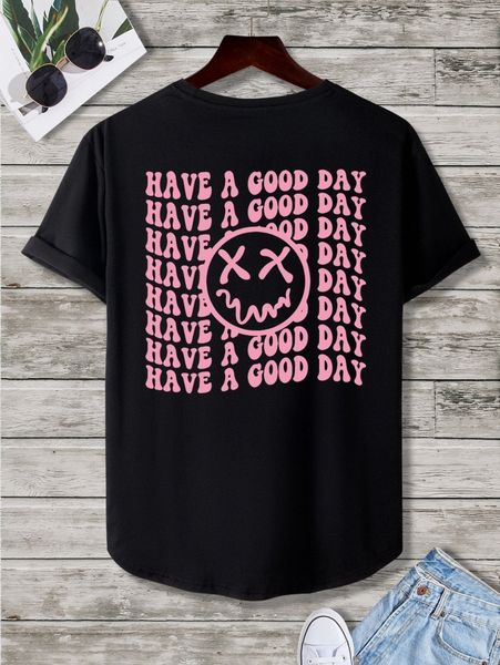 

men slogan & expression print curved hem tee t6o0#, White;black