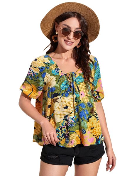 

floral print lace up front z97j#, White